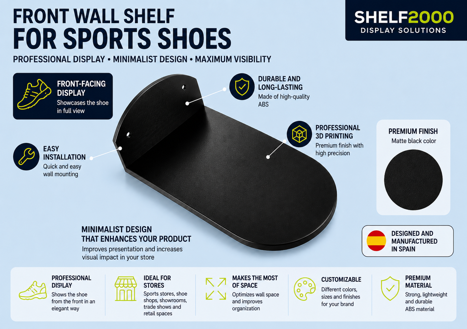 Wall-mounted front display shelf for sports shoes made from high-quality 3D printed ABS. Professional retail display solution for sports stores, shoe shops, showrooms and commercial spaces.